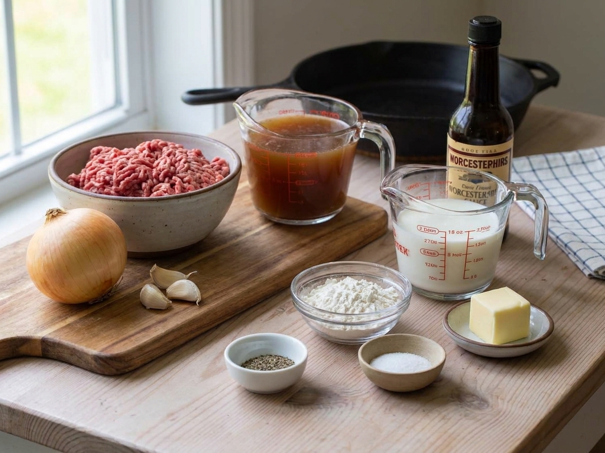 Ground beef, diced onion, minced garlic, broth, milk, flour, butter, salt, pepper, and Worcestershire arranged on a kitchen counter
