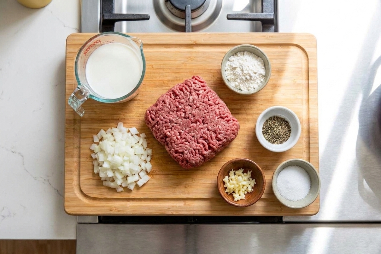 Ground beef, diced onion, minced garlic, flour, milk, and seasonings arranged on a wooden cutting board in a home kitchen