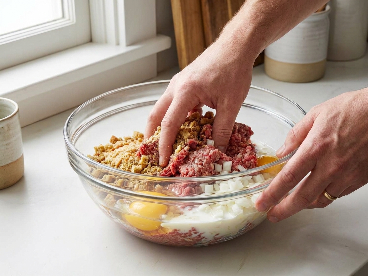 Ground beef, dry stuffing mix, eggs, milk, and diced onions being mixed together in a large glass bowl on a kitchen counter
