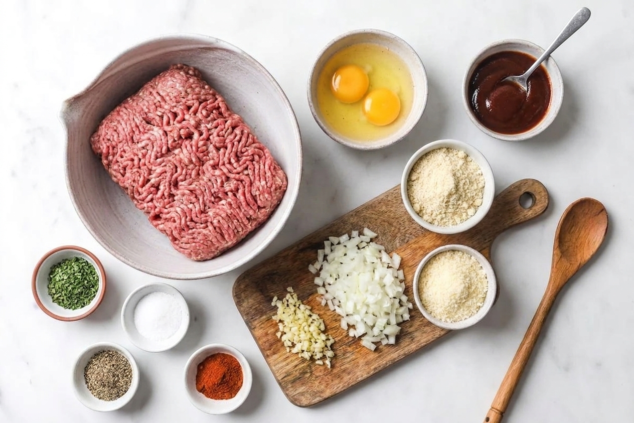 Ground beef, eggs, almond flour, grated parmesan, chopped onion, garlic, spices, and sugar-free ketchup arranged on a kitchen counter