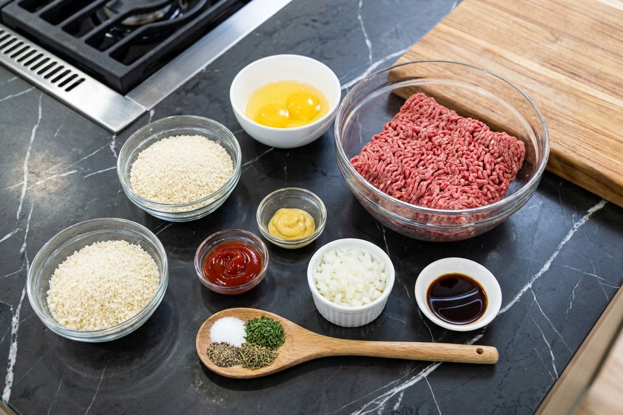 Ground beef, eggs, breadcrumbs, onion, ketchup, mustard, Worcestershire sauce, and seasonings ready to use