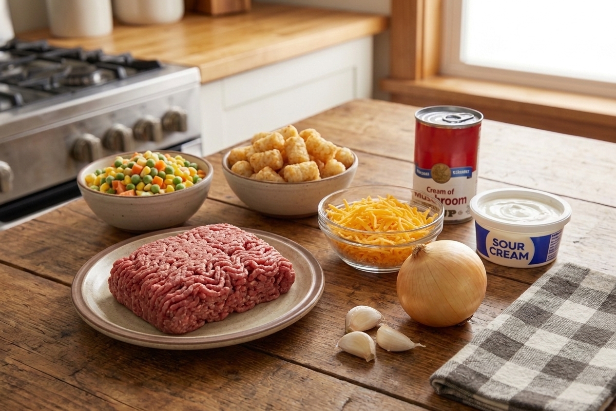 Ground beef, frozen tater tots, shredded cheddar, onion, garlic, canned cream soup, sour cream, and frozen mixed vegetables arranged on a bright kitchen counter