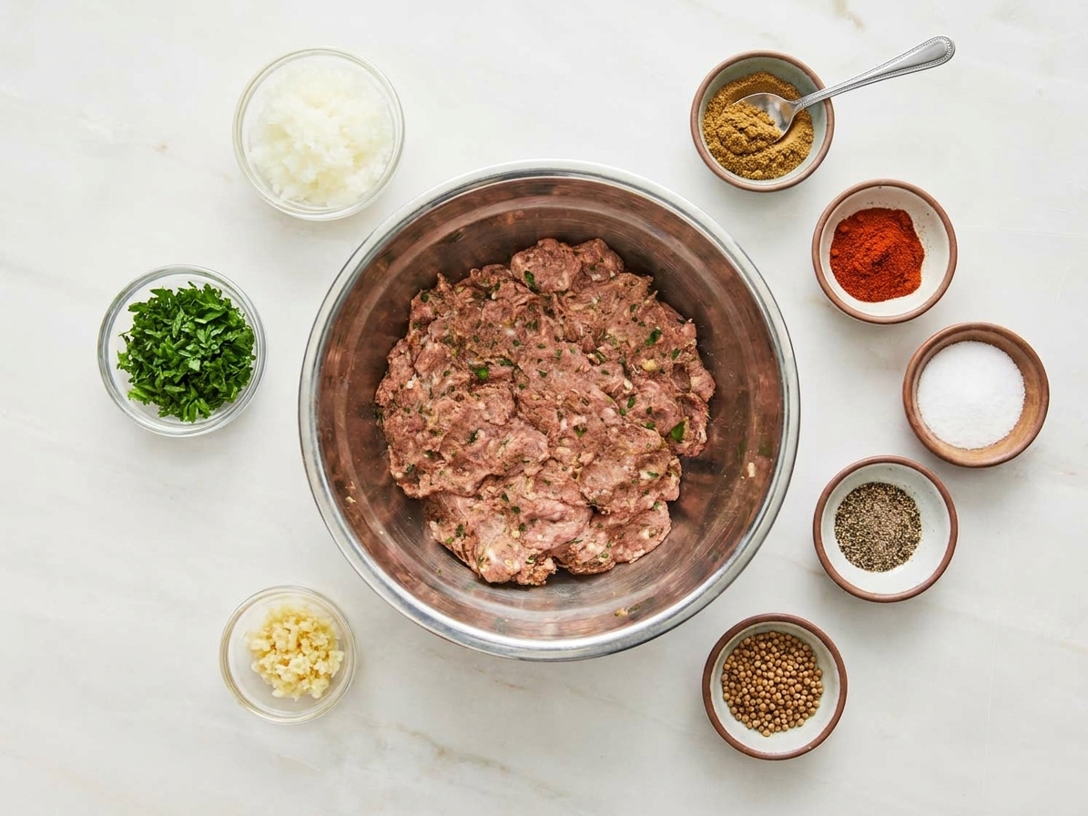 Ground beef, grated onion, chopped parsley, minced garlic, and small bowls of spices arranged neatly on a light kitchen counter