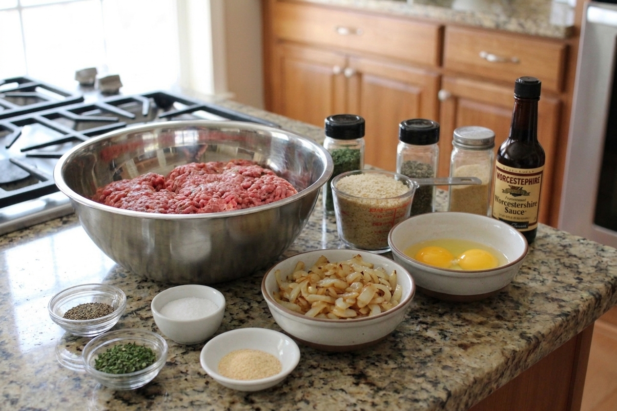 Ground beef in a bowl with sautéed onions nearby, breadcrumbs, eggs, and seasonings arranged on a kitchen counter, ready for meatloaf prep