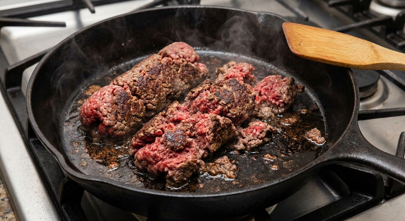 Ground beef in a wide skillet beginning to brown in large pieces before being broken up