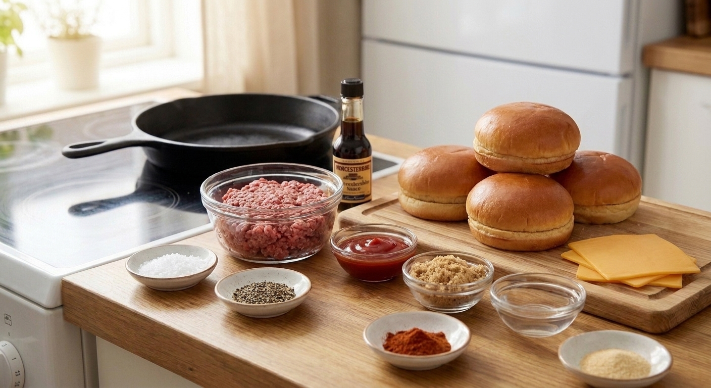 Ground beef, kosher salt, black pepper, Worcestershire sauce, burger buns, cheese slices, and small bowls of BBQ sauce ingredients arranged on a clean kitchen counter in natural light
