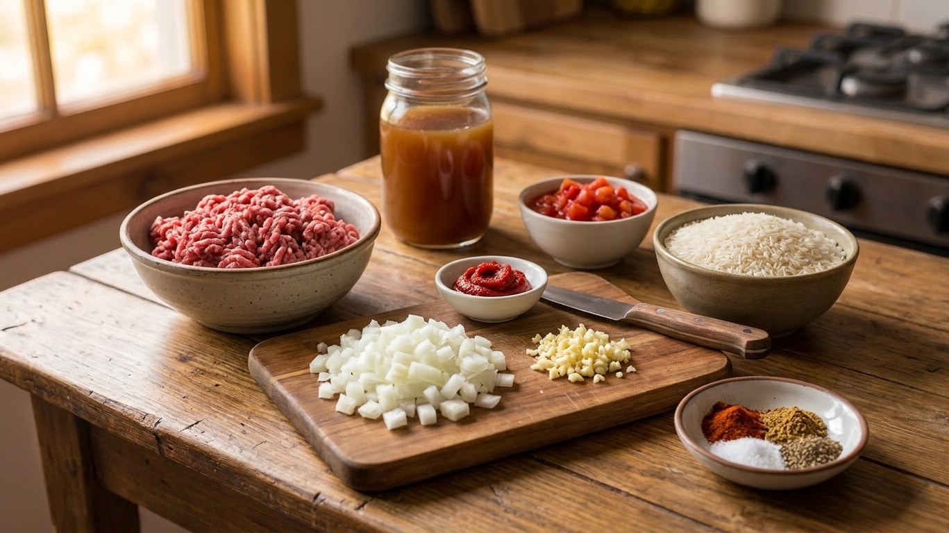 Ground beef, long grain white rice, onion, garlic, beef broth, diced tomatoes, tomato paste, and spices arranged on a bright kitchen counter