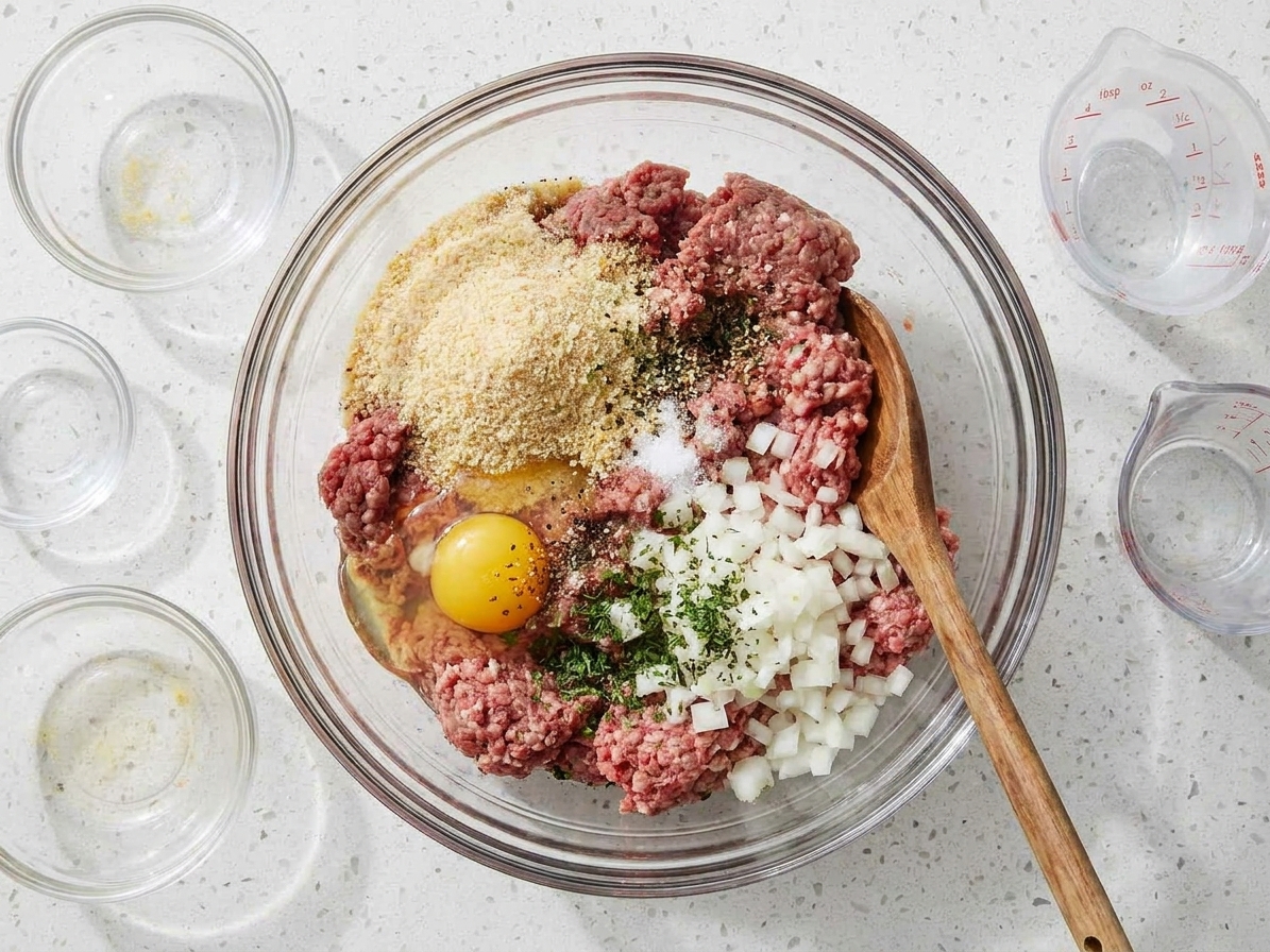 Ground beef mixed with breadcrumbs, egg, onion, and seasonings in a bowl