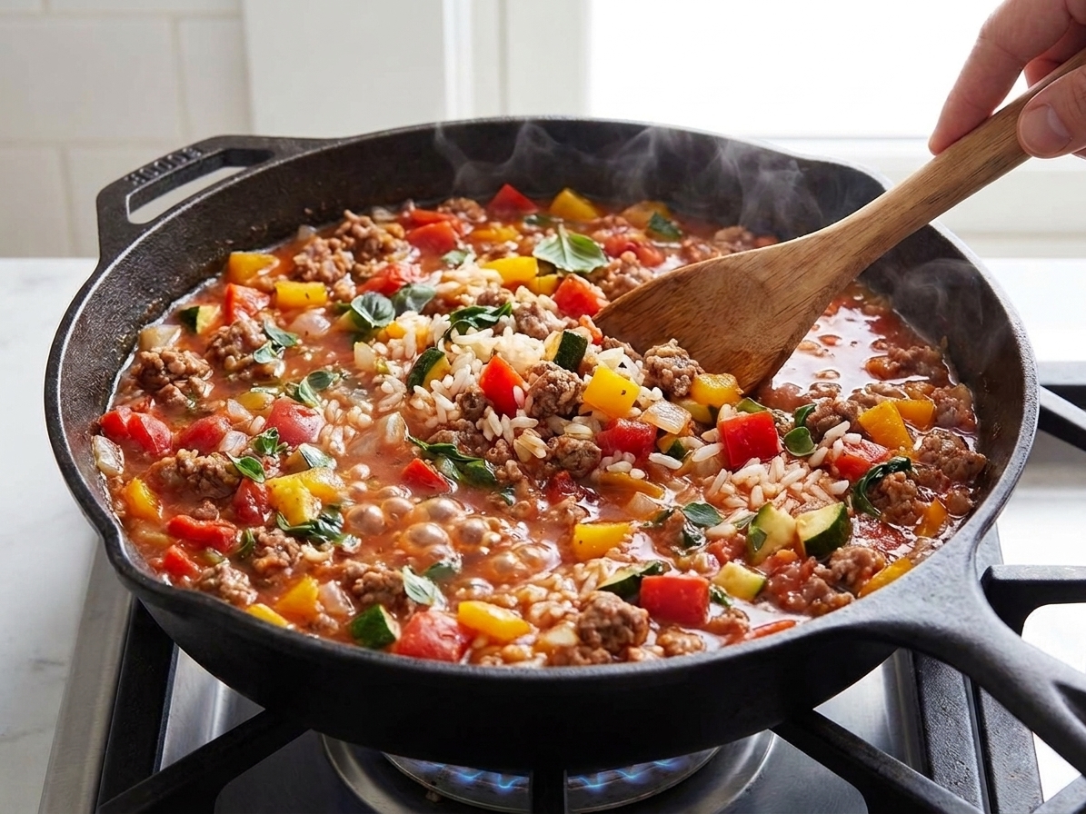 Ground beef mixture simmering with tomato sauce and diced tomatoes in a skillet