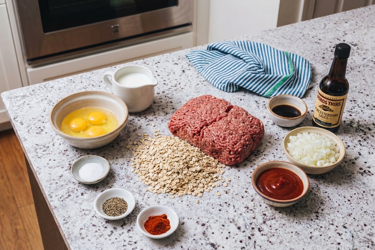 Ground beef, old-fashioned oats, eggs, milk, onion, ketchup, Worcestershire sauce, and spices arranged on a light kitchen counter with warm natural light