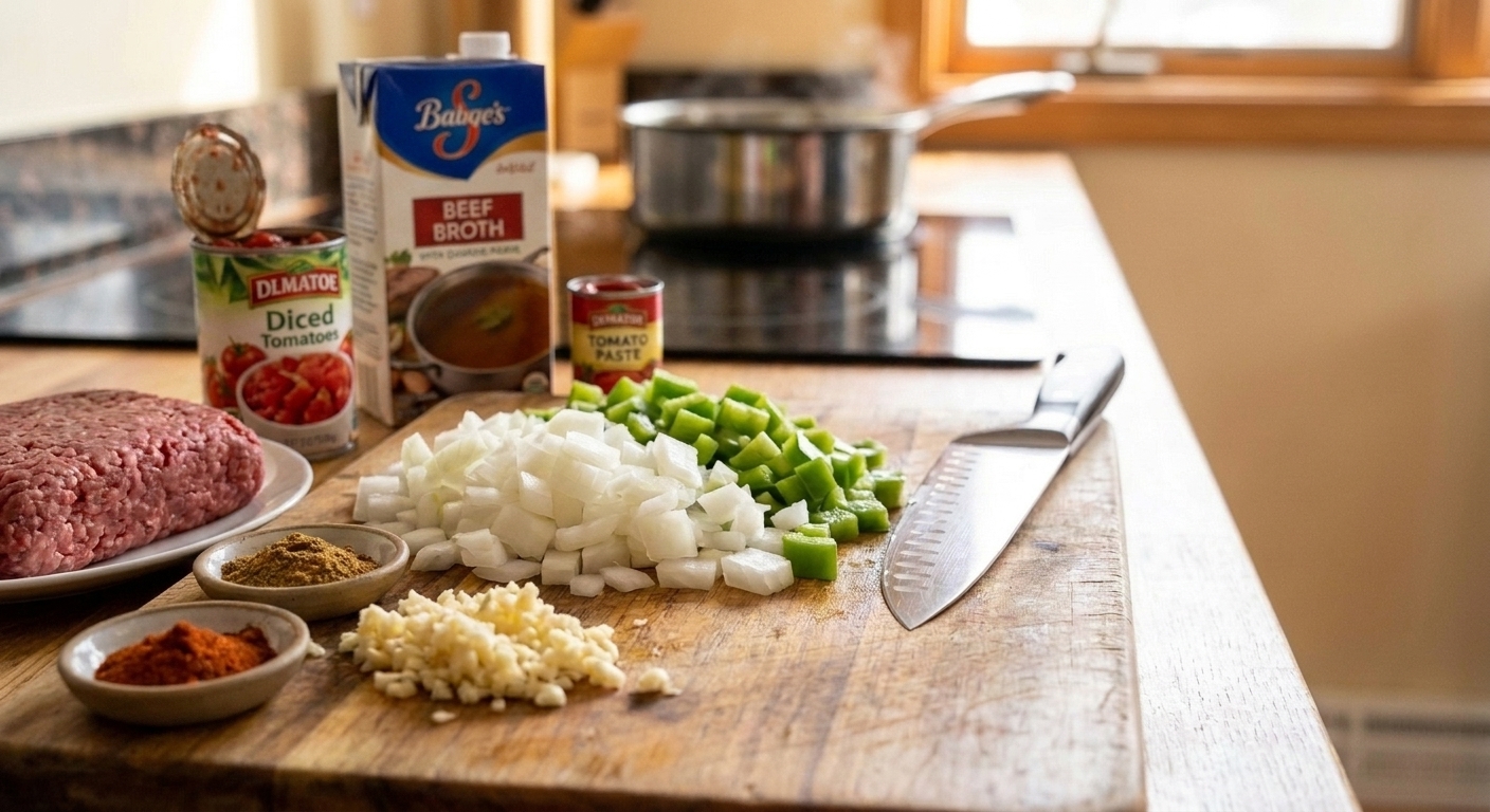 Ground beef, onion, garlic, bell pepper, canned tomatoes, tomato paste, beef broth, and small bowls of chili spices arranged on a counter