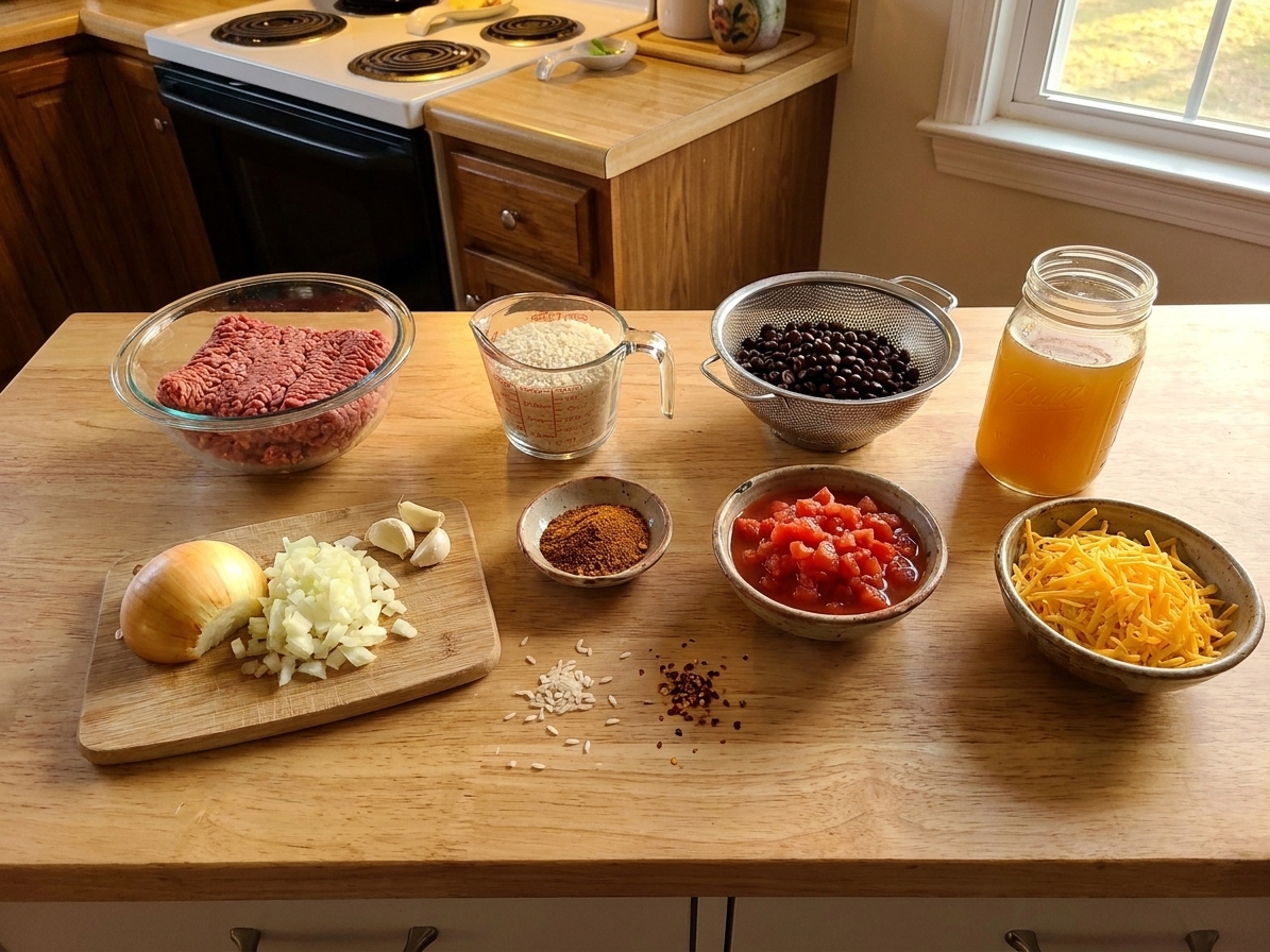 Ground beef, onion, garlic, taco seasoning, rice, black beans, diced tomatoes, broth, and shredded cheese arranged on a tidy kitchen counter with warm lighting
