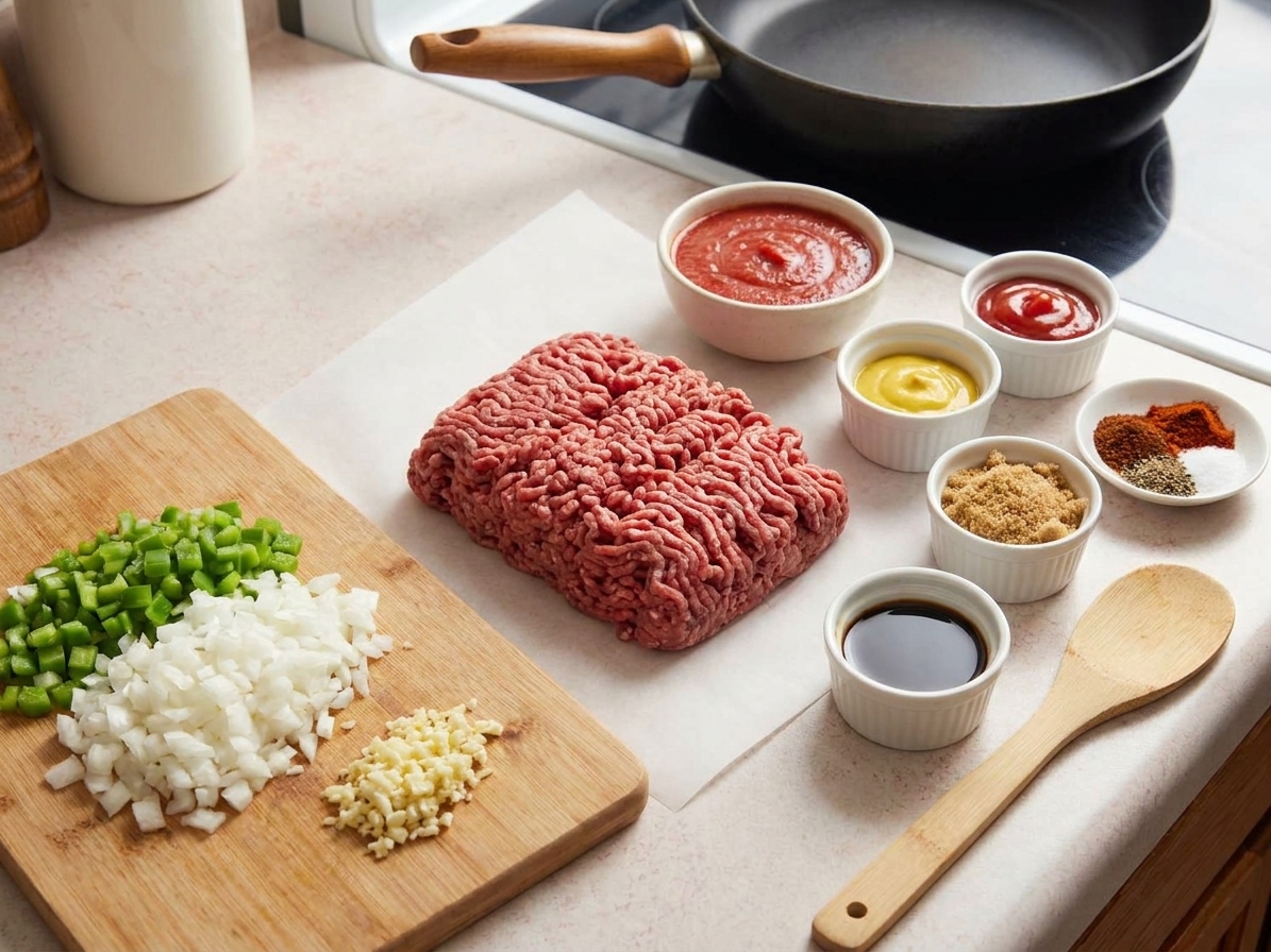 Ground beef, onion, garlic, tomato sauce, ketchup, mustard, brown sugar, Worcestershire, and spices arranged on a bright kitchen counter