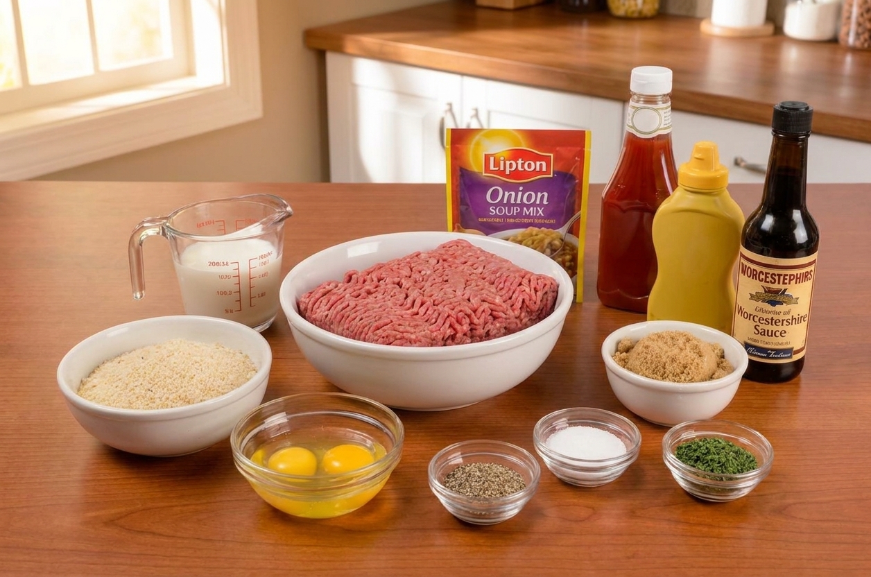 Ground beef, onion soup mix packet, breadcrumbs, eggs, milk, ketchup, mustard, Worcestershire sauce, and seasonings arranged on a bright kitchen counter
