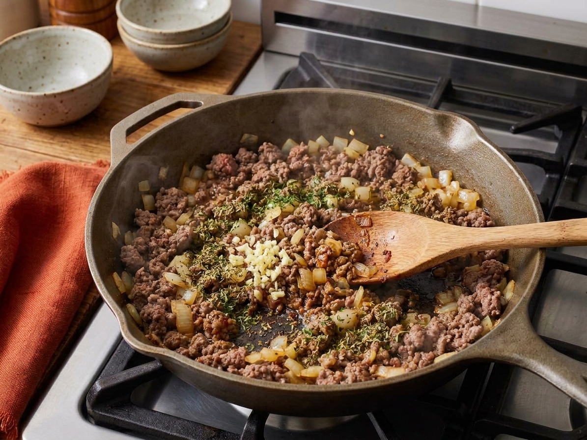 Ground beef, onions, garlic, and seasonings browning together in a large skillet on a stovetop