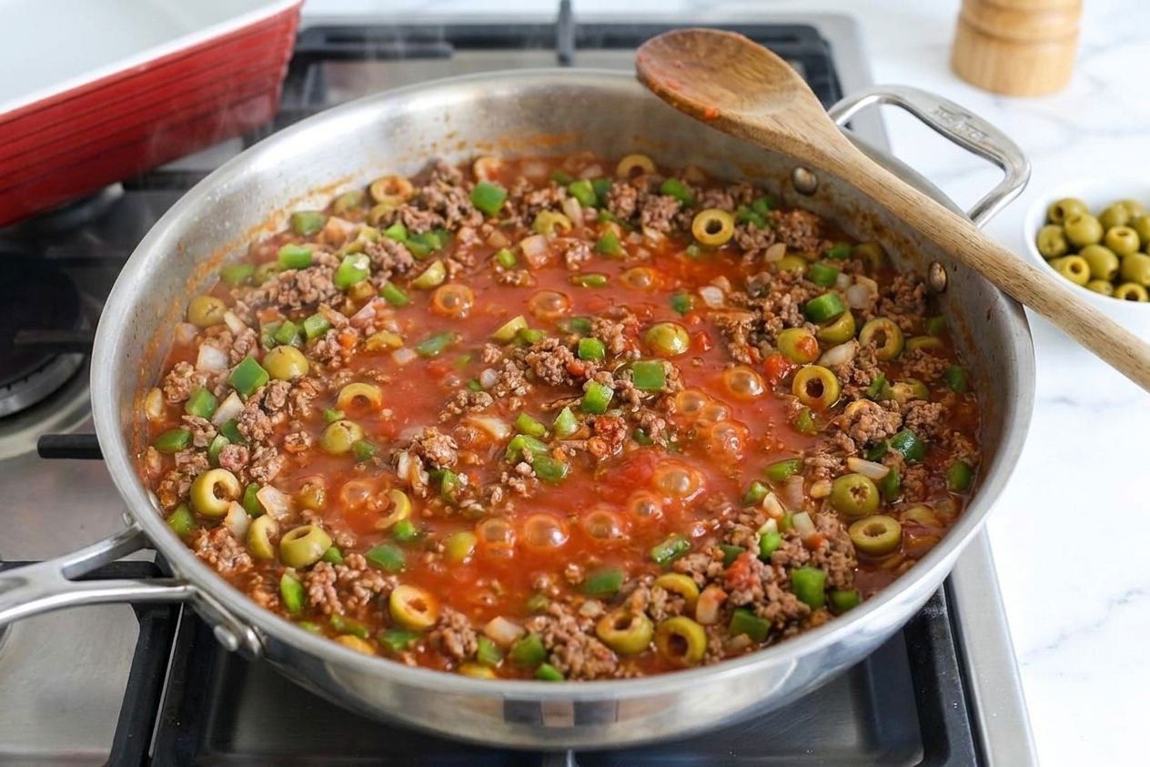 Ground beef picadillo simmering in a skillet with diced peppers and onions, tomato sauce, and sliced green olives visible