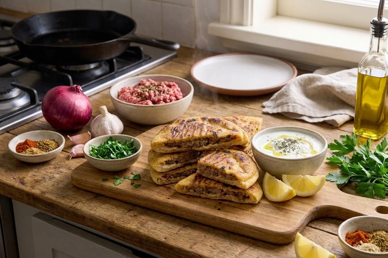 Ground beef, pita bread, onion, parsley, garlic, spices, lemon, and yogurt arranged on a home kitchen counter with warm natural light