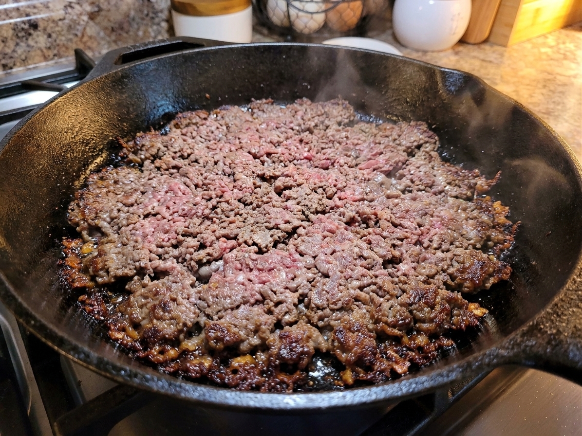 Ground beef pressed into an even layer as it browns in a hot cast iron skillet, with crisp browned bits forming along the edges