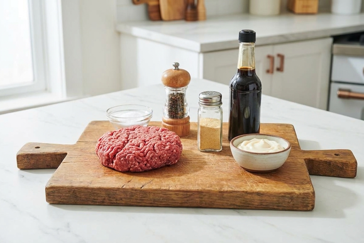 Ground beef, salt, black pepper, garlic powder, Worcestershire sauce, and a small bowl of mayonnaise arranged on a wooden cutting board on a kitchen counter
