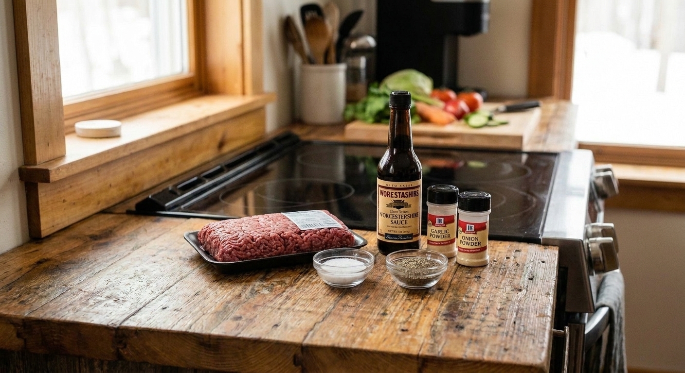 Ground beef, salt, pepper, Worcestershire sauce, garlic powder, and onion powder arranged on a clean kitchen counter