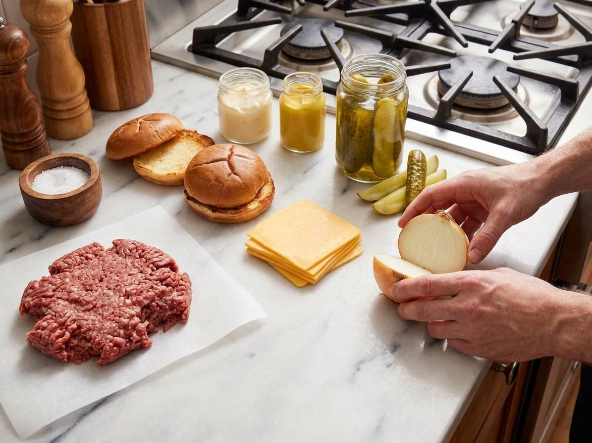 Ground beef, salt, pepper, buns, cheese slices, mayo, mustard, pickles, and an onion arranged on a clean kitchen counter in consistent warm lighting