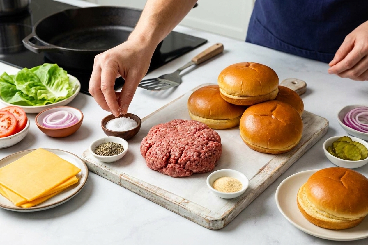 Ground beef, salt, pepper, garlic powder, buns, sliced cheese, and burger toppings arranged on a clean kitchen counter