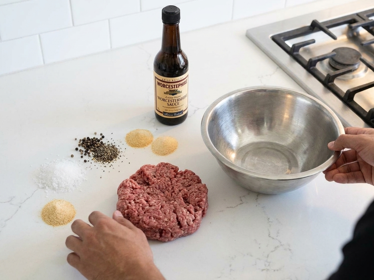 Ground beef, salt, pepper, garlic powder, onion powder, Worcestershire sauce, and a small bowl on a clean kitchen counter under soft natural light