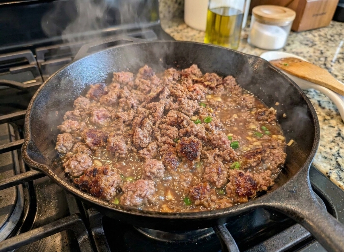 Ground beef simmering in a glossy soy-garlic sauce inside a skillet with steam rising