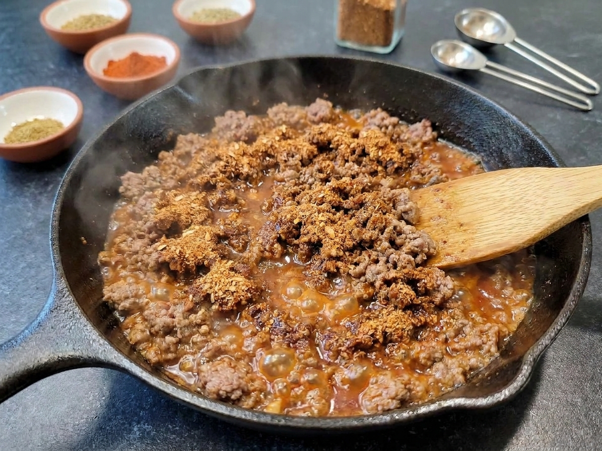 Ground beef simmering in a skillet with taco seasoning and a small amount of sauce bubbling