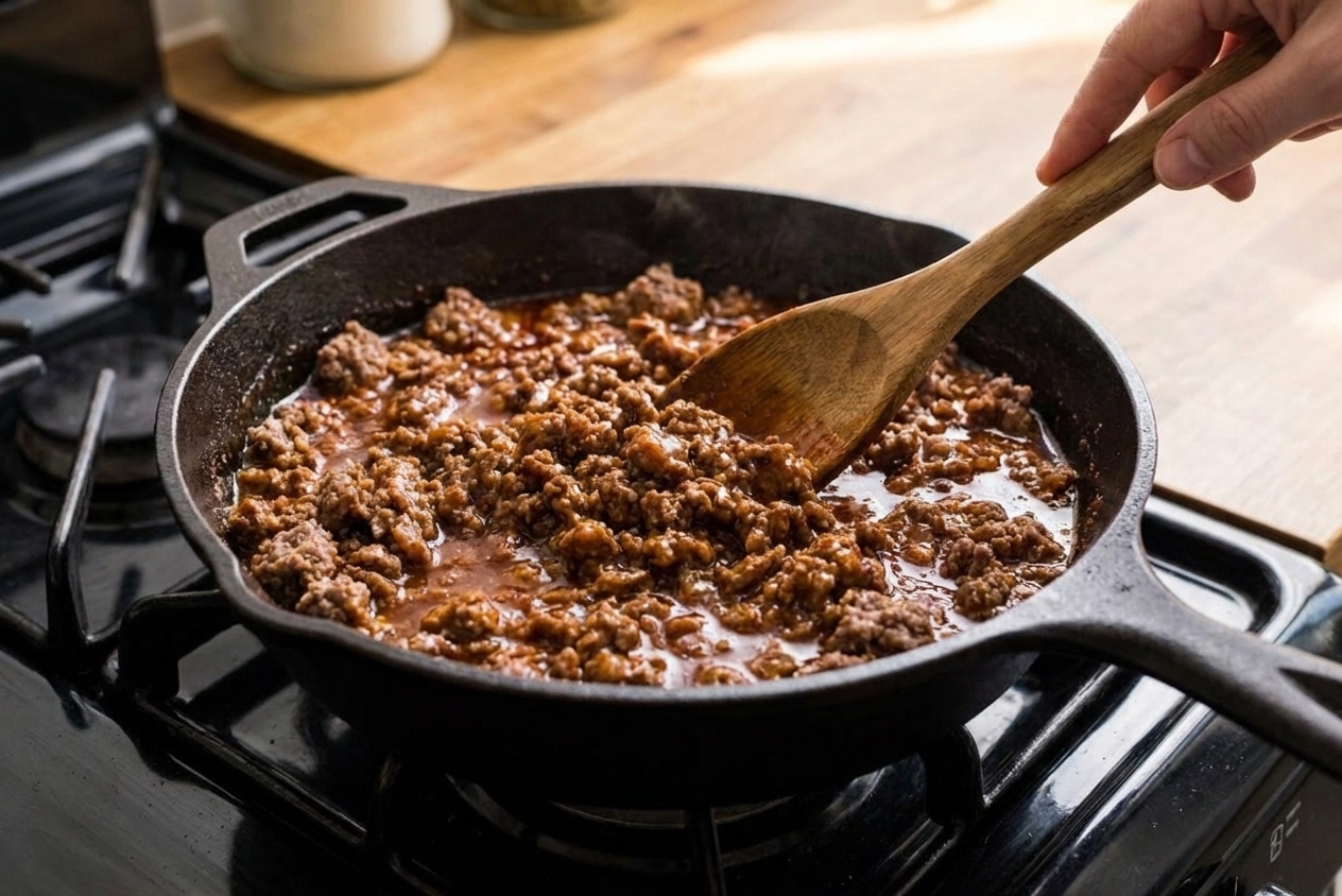 Ground beef simmering in a skillet with taco seasoning and a glossy sauce, a wooden spoon stirring on a home stove