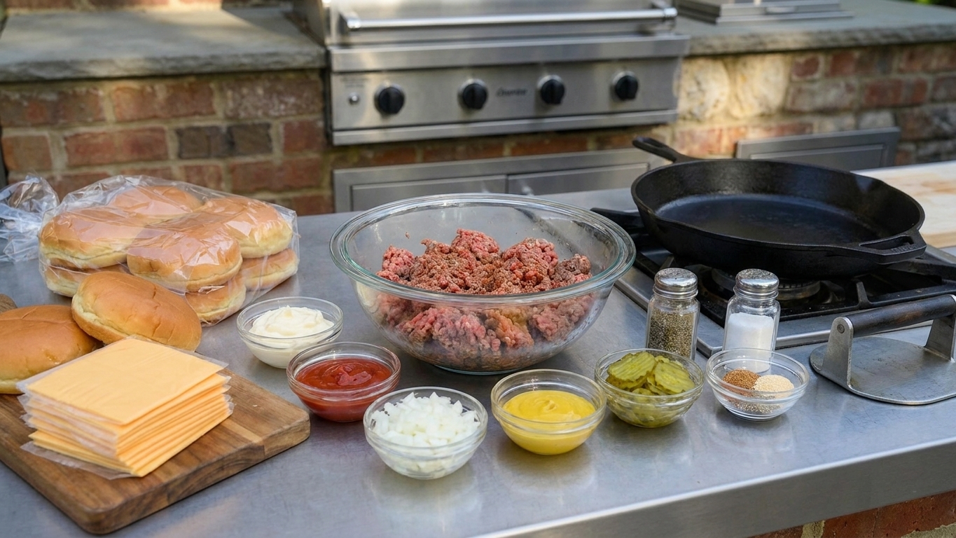 Ground beef, sliced American cheese, burger buns, onions, pickles, mayonnaise, ketchup, mustard, and seasonings arranged and ready for cooking