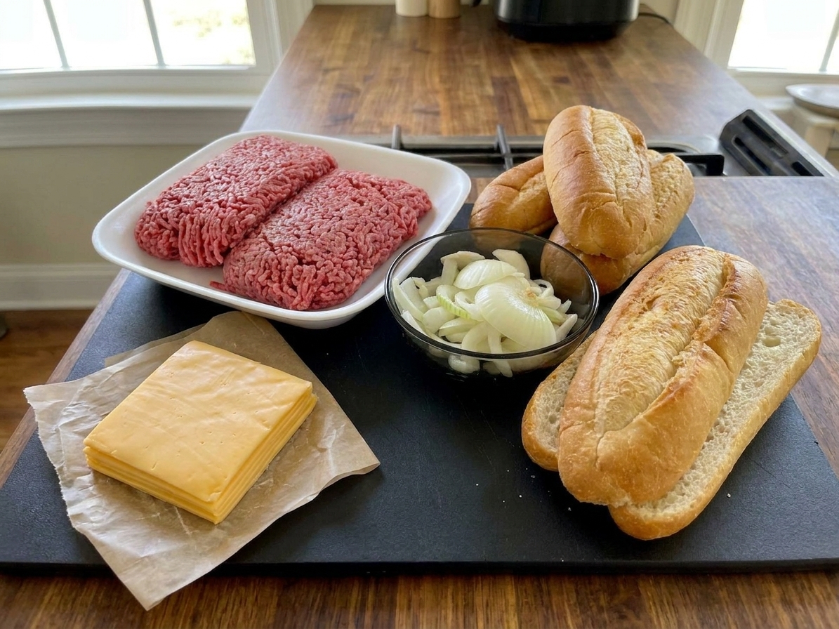 Ground beef, sliced onion, and stacked American cheese slices prepped on a cutting board next to split hero rolls