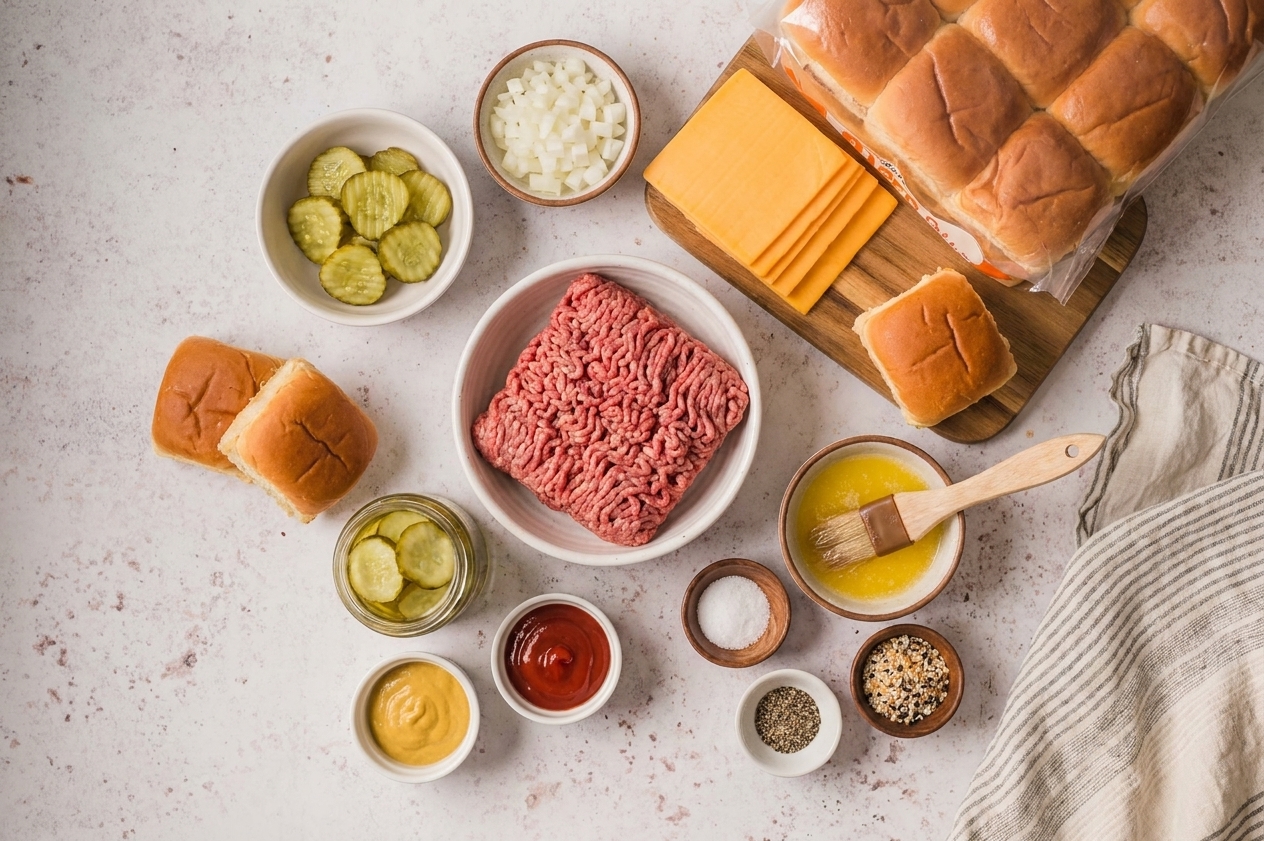 Ground beef, slider rolls, sliced cheddar, diced onion, pickles, ketchup, mustard, butter, and seasonings arranged neatly on a clean kitchen counter in warm natural light