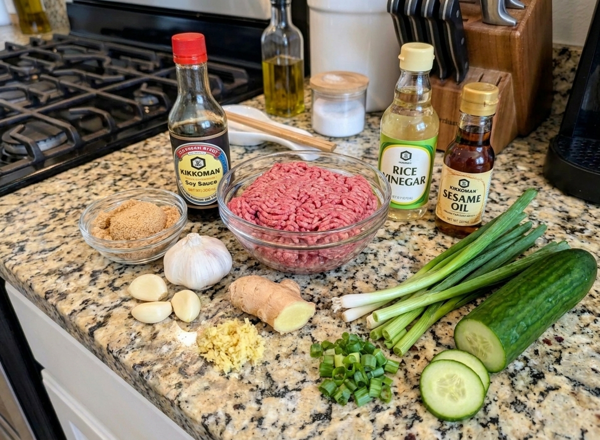 Ground beef, soy sauce, brown sugar, garlic, ginger, rice vinegar, sesame oil, green onions, and a cucumber arranged on a clean kitchen counter with warm natural light