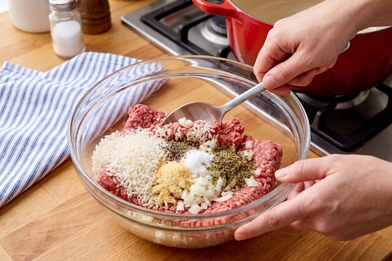 Ground beef, uncooked rice, and seasonings being gently mixed together in a clear glass bowl on a kitchen counter