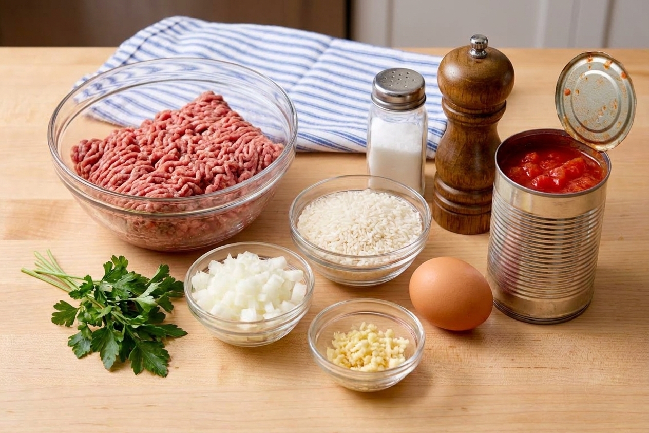 Ground beef, uncooked white rice, diced onion, minced garlic, egg, parsley, salt, pepper, and canned tomato products arranged on a light kitchen counter