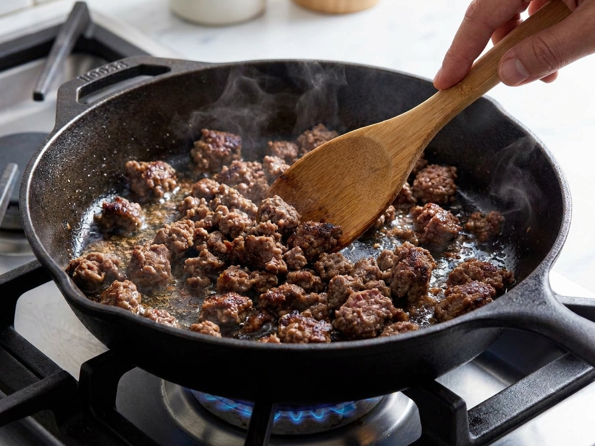 Ground bison browning in a hot cast iron skillet with a wooden spoon breaking it into crumbles on a stovetop