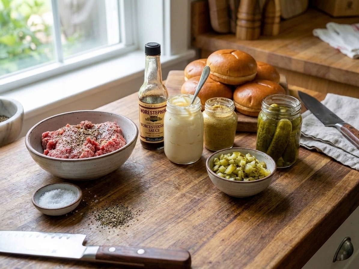 Ground bison, salt, pepper, Worcestershire sauce, mayonnaise, mustard, pickles, and burger buns arranged on a clean kitchen counter with warm natural light
