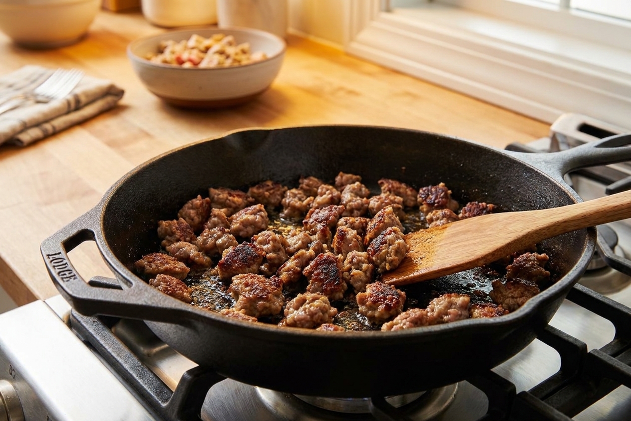 Ground breakfast sausage browning in a skillet with crisp edges, photographed on a stovetop under warm kitchen lighting