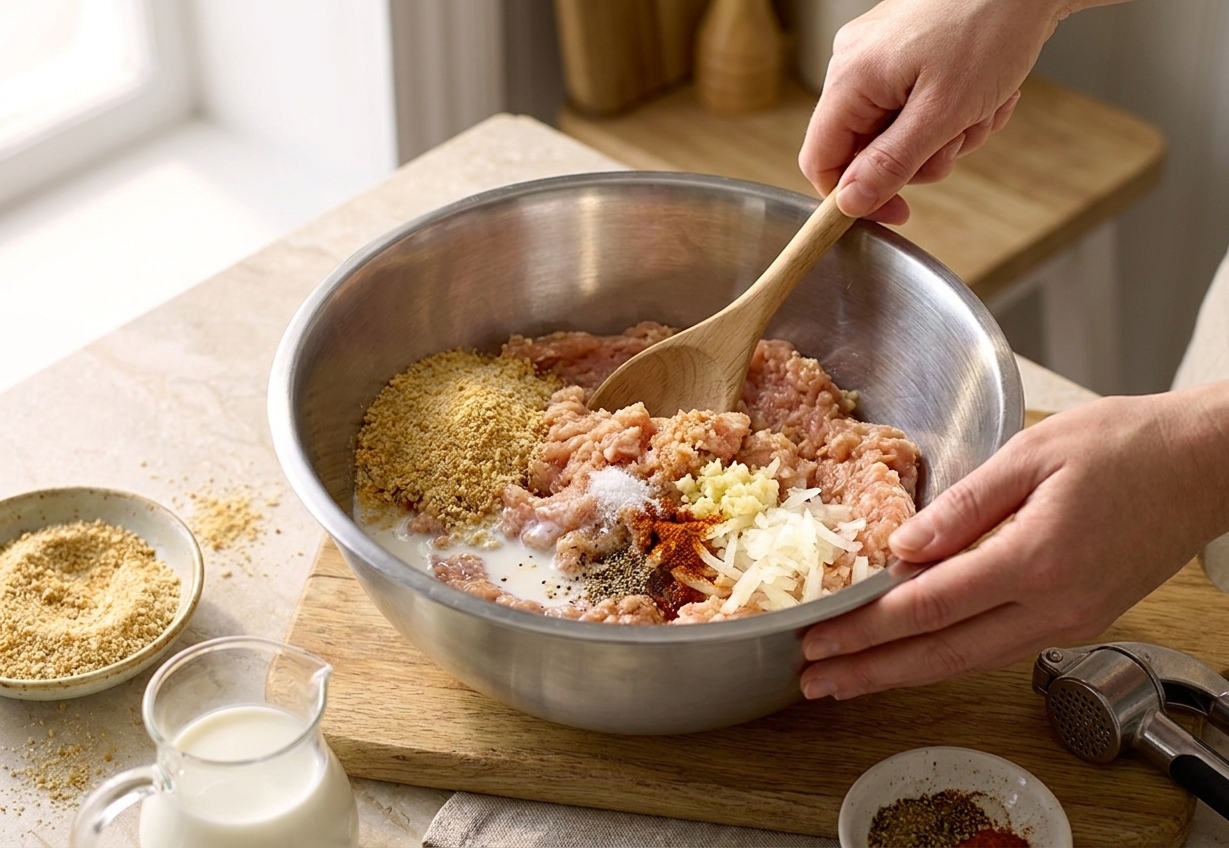 Ground chicken being mixed with breadcrumbs, milk, grated onion, garlic, and seasonings in a large stainless steel bowl on a light stone countertop with warm kitchen lighting