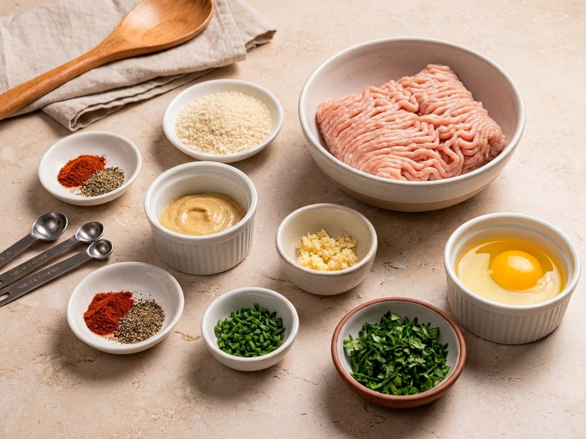 Ground chicken, breadcrumbs, egg, Dijon, garlic, spices, and herbs measured and ready on a kitchen counter