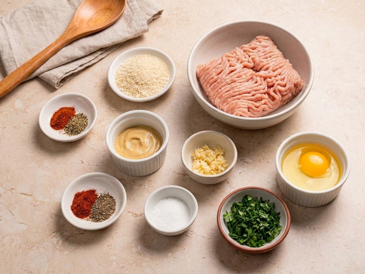 Ground chicken, breadcrumbs, egg, Dijon, garlic, spices, and chopped parsley arranged in small bowls on a kitchen counter