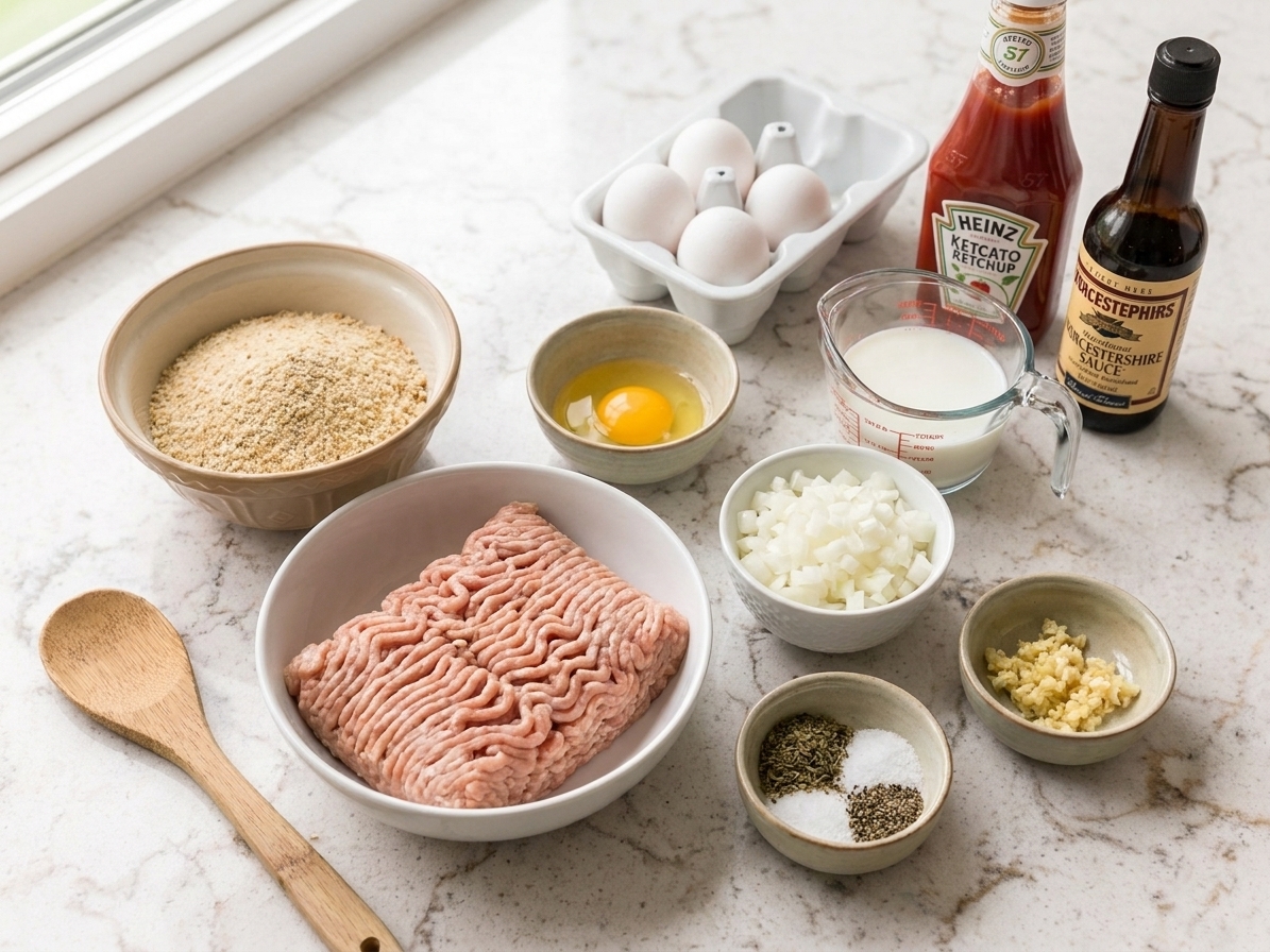 Ground chicken, breadcrumbs, eggs, milk, onion, garlic, ketchup, Worcestershire sauce, and seasonings arranged on a clean kitchen counter in consistent warm lighting