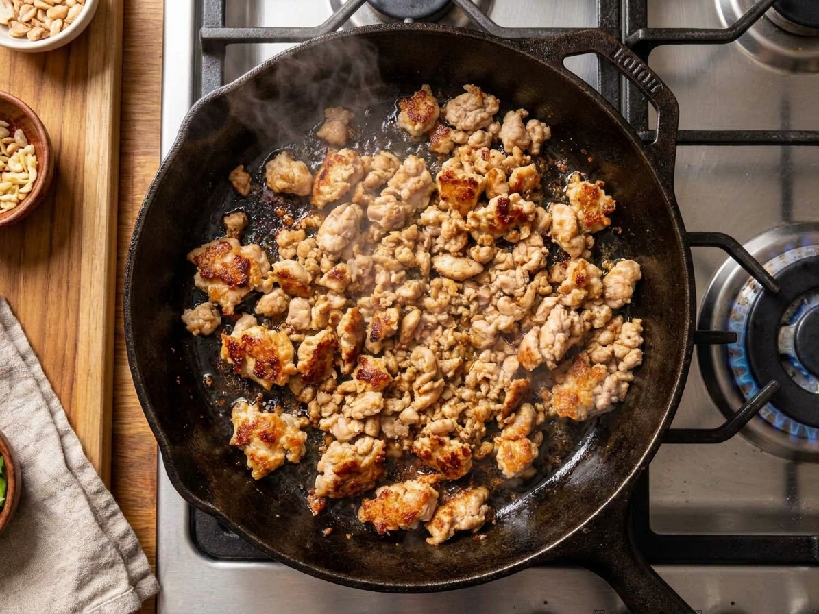 Ground chicken browning in a hot skillet with crisp golden edges forming, seen from overhead on a home stovetop