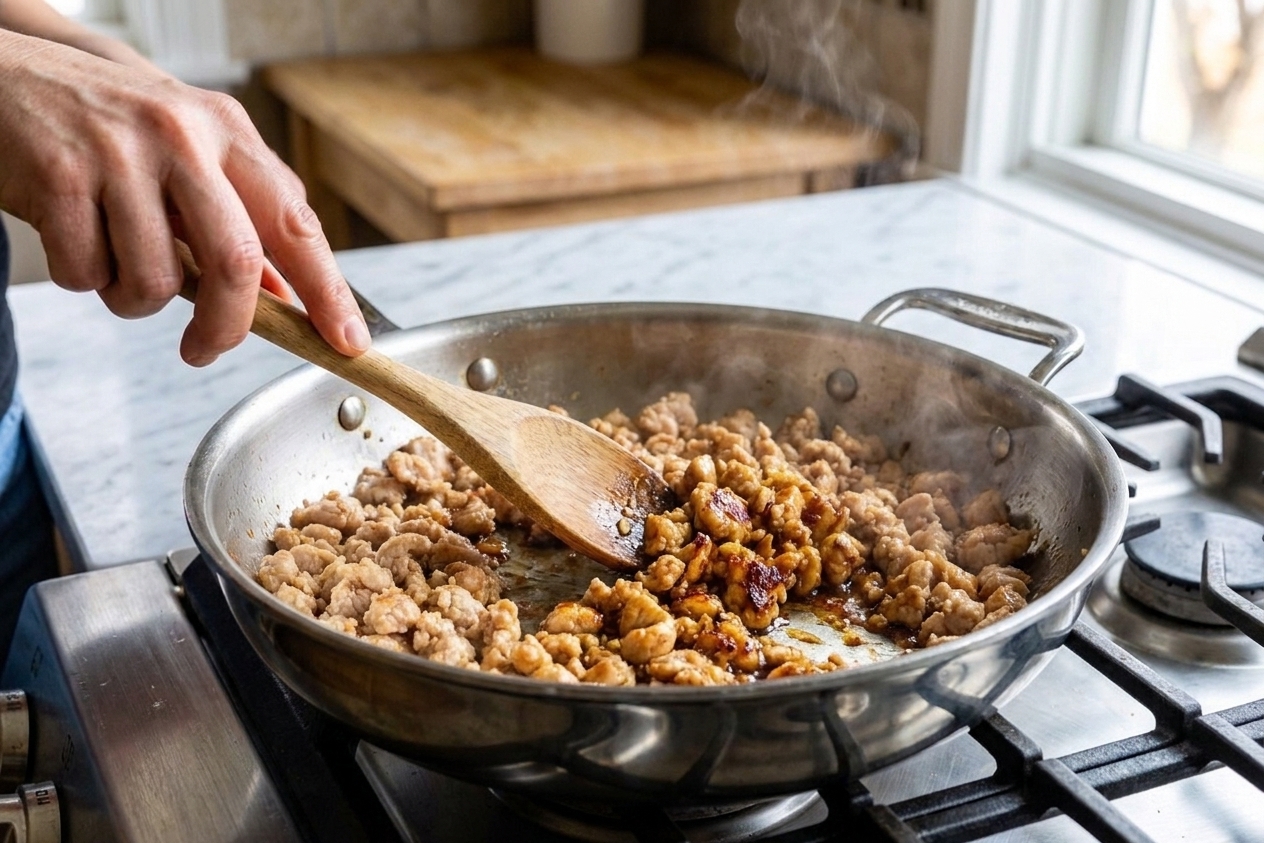 Ground chicken browning in a large skillet on a stovetop with a wooden spoon stirring as the edges crisp