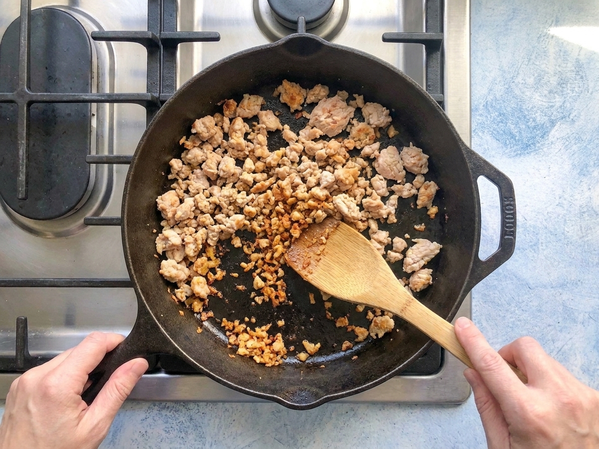 Ground chicken browning in a large skillet with a wooden spoon, showing golden bits forming on the bottom