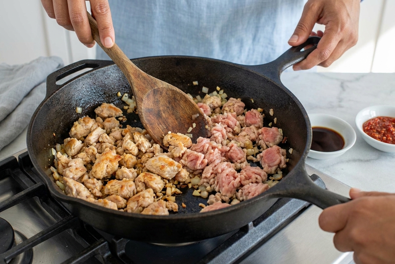 Ground chicken browning in a large skillet with a wooden spoon stirring on a stovetop