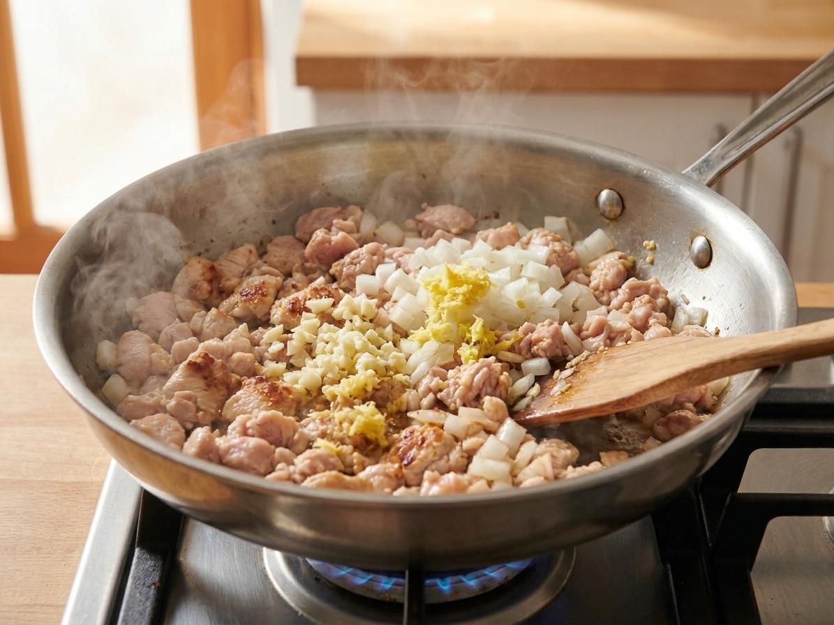 Ground chicken browning in a large skillet with diced onions, garlic, and ginger, captured mid-cook on a stovetop in warm kitchen light