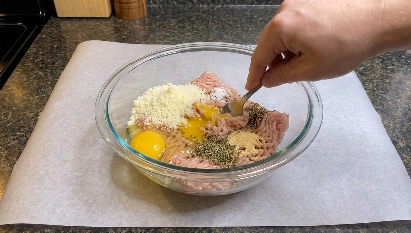 Ground chicken, egg, Parmesan, and seasonings being mixed in a glass bowl on a kitchen counter