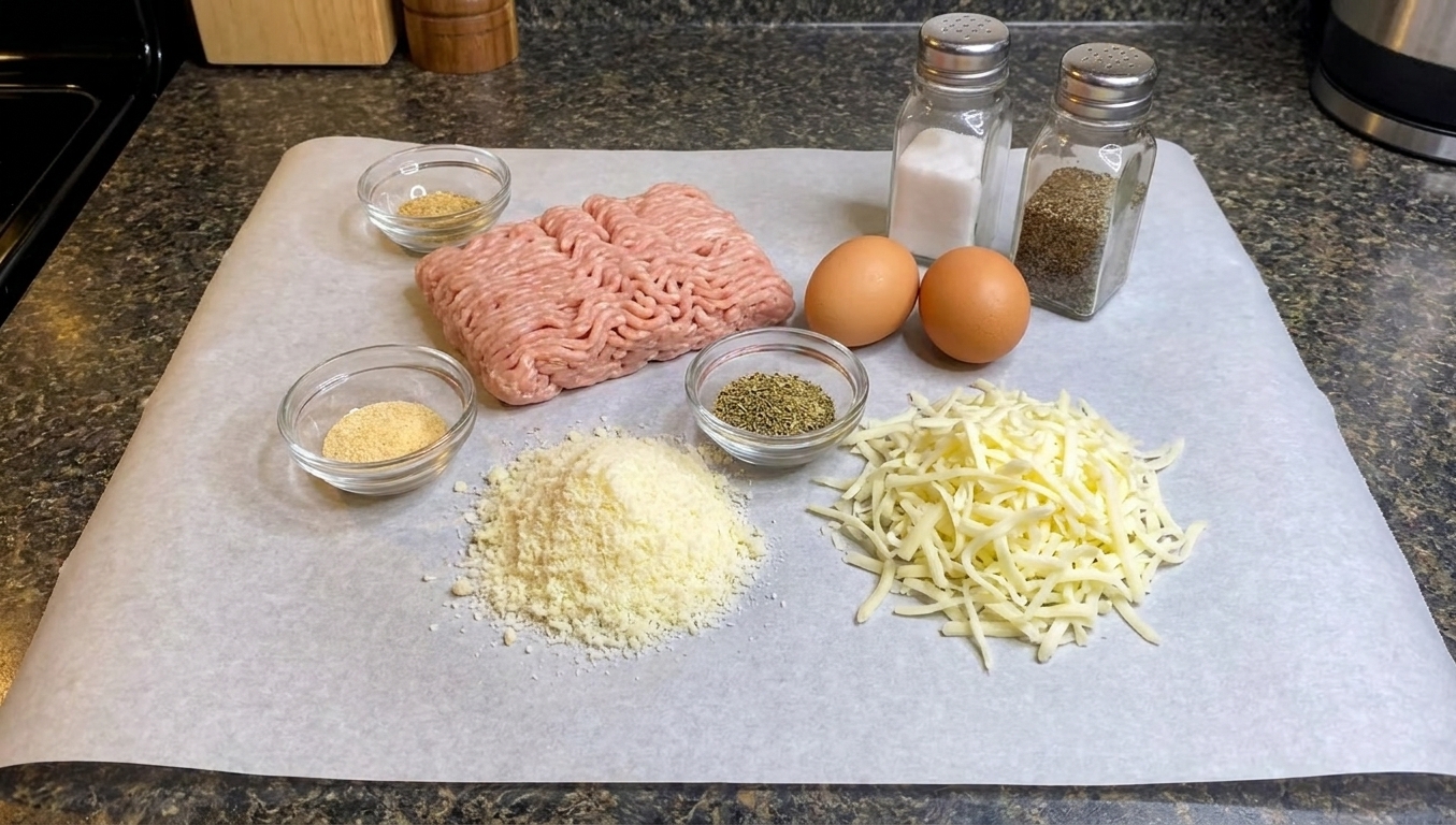 Ground chicken, grated Parmesan, shredded mozzarella, eggs, garlic powder, Italian seasoning, salt, pepper, and parchment paper arranged on a kitchen counter